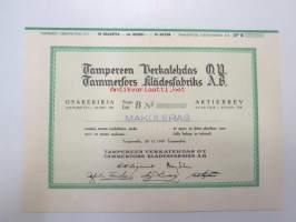 Tampereen Verkatehdas Oy, Tampere 1949, Sarja B 10 osaketta á 4 000 = 40 000 mk -osakekirja, blanco, makuleras-leimattu