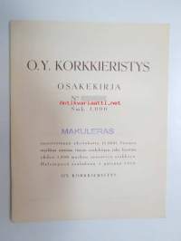 Oy Korkkieristys, Helsinki 1938, 1 osake á 1 000 mk = 1 000 mk -osakekirja, blanco, makuleras-leimattu