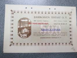 Juurikorven Tehtaat  O. Y., Juurikorpi 1916, 500 mk -osakekirja, käyttämätön, makuleras-leimattu