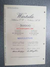 Wärtsilä Selluloosa Oy Cellulosa Ab, Värtsilä 1944, 50 osaketta á 1 000 mk = 50 000 mk Litt. C etuoikeutettu -osakekirja, käyttämätön, makuleras-leimattu
