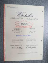 Wärtsilä Selluloosa Oy Cellulosa Ab, Värtsilä 1944, 5 osaketta á 1 000 mk = 5 000 mk Litt. B etuoikeutettu -osakekirja, käyttämätön, makuleras-leimattu