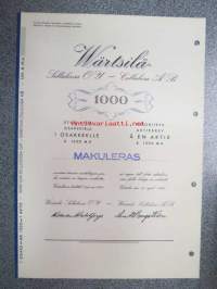 Wärtsilä Selluloosa Oy Cellulosa Ab, Värtsilä 1944, 1 osaketta á 1 000 mk = 1 000 mk Litt. A etuoikeutettu -osakekirja, käyttämätön, makuleras-leimattu