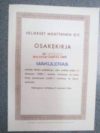 Veljekset Määttänen Oy, Helsinki 1946, 1 osake 1 000 mk -osakekirja, blanco, käyttämätön, makuleras-leimattu