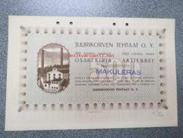 Juurikorven Tehtaat  O. Y., Juurikorpi 1918, 500 mk -osakekirja, käyttämätön, makuleras-leimattu