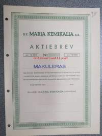 Oy Maria Kemikalia Ab, Helsinki 1942, aktiebrev 10 000 mark -osakekirja, blanco, makuleras-leimattu