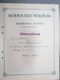 Ab Bollplan, Helsinki 1924, Aktiebrev, tio aktier - ettusen finska mark -osakekirja, blanco, käyttämätön, makuleras-leimattu