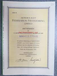 Aktiebolaget Federation Stevedoring Limited, Kotka 1953, Aktiebrev, tio aktier - 2 000 = 20 000 mark -osakekirja, blanco, käyttämätön, makuleras-leimattu
