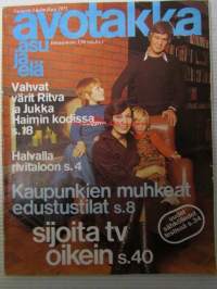 Avotakka 1975 nr 2 sis. mm. seur. artikkelit / kuvat / mainokset; Kaupunkien muhkeat edustustilat Tampere - Turku - Helsinki, Talo lämpiää lampuilla,