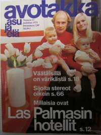 Avotakka 1974 nr 12 sis. mm. seur. artikkelit / kuvat / mainokset; Konttoripäällikkö Raimo Hyytiäinen laajasta postikorttikokoelmasta, Verholla luodaan