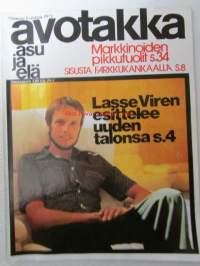 Avotakka 1973 nr 8, Kansikuva Lasse Viren, Avotakka testaa - Pyörillä kulkevat kassit, Metsän herkut, Tuus tuus Tuusulaan - mielenkiintoisia kultturikohteita...