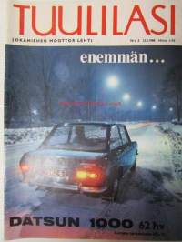 Tuulilasi 1968 nr 3, sis. mm. seur. artikkelit / kuvat / mainokset; Kannessa Datsun 1000, Talvikirje Englannista Reliant Regal 3/25 De Luxe, Daimler V8-250, TVR 2+2