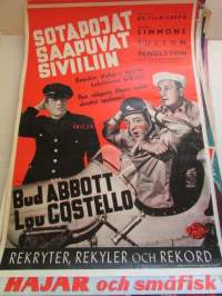 Sotapojat saapuvat siviiliin - Rekryter, rekyrer och rekord, pääosissa Bud Abbot, Lou Costello, Beverly Simmons, Jean Fulton, Nat Pendleton, ohjaus Charles T.