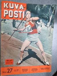Kuva-Posti 1956 nr 27, ilmestynyt 5.7.1956, sis. mm. seur. artikkelit / kuvat / mainokset; Kansikuva Soini Nikkinen, Merikotka pesällään, Lentävä ambulanssi -