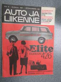Auto ja Liikenne 1967 nr 8, sis. mm. seur. artikkelit / kuvat / mainokset; Elite farmari 426, Valkeakosken liikennepuisto, Hankimme hyötyauton, Runon ja Rajan tie,