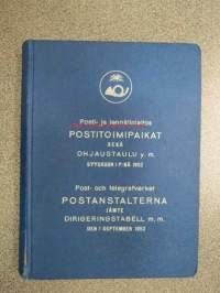 Postitoimipaikat sekä ohjaustaulu y.m. syyskuun 1. p:nä 1952 - Postanstalterna jämte dirigeringstabell m.m. den 1. september 1952
