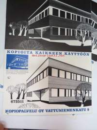 Kopioita kaikkeen käyttöön - Kopiopalvelu Oy (Vattuniemenkatu 9, Helsinki) -esite, hyvä kuvasarja kopiointityöstä ja kalustosta - Mini-pakettiauto APR-75