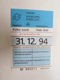 Helsinki / Liikennelaitos / HKL - HST / YTV - 1994 Vuosilippu nr 005211 -matkalippu