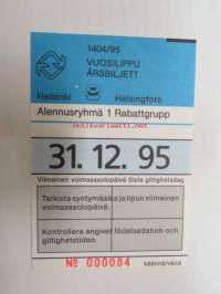 Helsinki / Liikennelaitos / HKL - HST / YTV - 1995 Vuosilippu alennusryhmä 1 nr 000084 -matkalippu