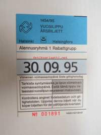 Helsinki / Liikennelaitos / HKL - HST / YTV - 1995 Vuosilippu Alennusryhmä 1 nr 001891 -matkalippu