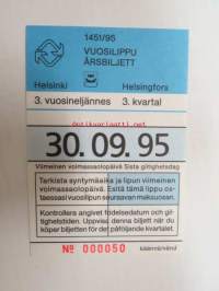 Helsinki / Liikennelaitos / HKL - HST / YTV - 1995 Vuosilippu 3. vuosineljännes nr 000050 -matkalippu