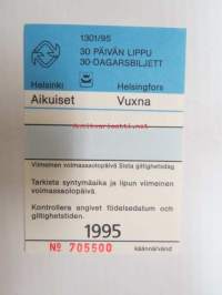 Helsinki / Liikennelaitos / HKL - HST / YTV - 1995 30 päivän lippu Aikuiset nr 705500 -matkalippu