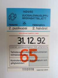 Helsinki / Liikennelaitos / HKL - HST / YTV - 1992 Vuosialennuslippu 2. puolivuosi 65 nr 000006 -matkalippu