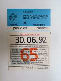 Helsinki / Liikennelaitos / HKL - HST / YTV - 1992 Vuosialennuslippu 1. puolivuosi 65 nr 001856 -matkalippu