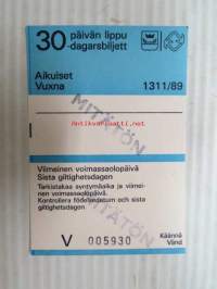 Helsinki / Liikennelaitos / HKL - HST / YTV - 1989 30 päivän lippu Aikuiset Mitätön nr V 005930 -matkalippu