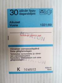 Helsinki / Liikennelaitos / HKL - HST / YTV - 1989 30 päivän lippu Aikuiset Mitätön nr K 004502 -matkalippu
