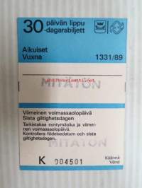 Helsinki / Liikennelaitos / HKL - HST / YTV - 1989 30 päivän lippu Aikuiset Mitätön nr K 004501 -matkalippu