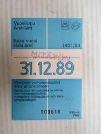 Helsinki / Liikennelaitos / HKL - HST / YTV - 1989 Vuosilippu Koko vuosi nr 009610 -matkalippu