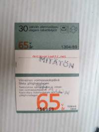 Helsinki / Liikennelaitos / HKL - HST / YTV - 1989 30 päivän alennuslippu 65 v nr 056969 -matkalippu