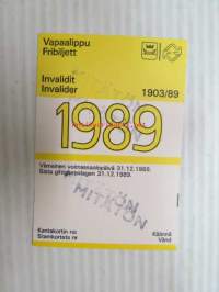 Helsinki / Liikennelaitos / HKL - HST / YTV - 1989 Vapaalippu Invalidit Mitätön -matkalippu