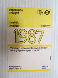 Helsinki / Liikennelaitos / HKL - HST / YTV - 1987 Vapaalippu Invalidit -matkalippu