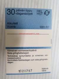Helsinki / Liikennelaitos / HKL - HST / YTV - 1987 30 päivän lippu Aikuiset  nr 1020797 -matkalippu