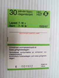 Helsinki / Liikennelaitos / HKL - HST / YTV - 1987 30 päivän lippu Lapset E 001902 -matkalippu