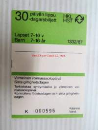Helsinki / Liikennelaitos / HKL - HST / YTV - 1987 30 päivän lippu Lapset K 000596 -matkalippu