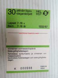 Helsinki / Liikennelaitos / HKL - HST / YTV - 1987 30 päivän lippu Lapset K 000598 -matkalippu