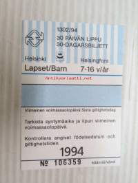 Helsinki / Liikennelaitos / HKL - HST / YTV - 1994 30 päivän lippu Lapset nr 106359 -matkalippu