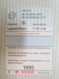 Helsinki / Liikennelaitos / HKL - HST / YTV - 1995 30 päivän lippu Lapset nr V 002953