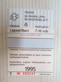 Helsinki / Liikennelaitos / HKL - HST / YTV - 1995 30 päivän lippu Lapset nr E 000241