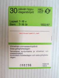 Helsinki / Liikennelaitos / HKL - HST / YTV - 1987 30 päivän lippu Lapset  nr 098296 -matkalippu