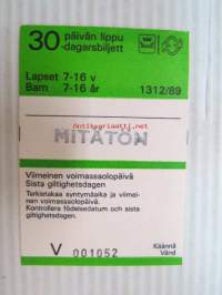 Helsinki / Liikennelaitos / HKL - HST / YTV - 1989 30 päivän lippu Lapset Mitätön nr V 001052 -matkalippu