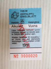 Helsinki / Liikennelaitos / HKL - HST / YTV - 1991 Kertalippu Aikuiset Mitätön nr 0000020 -matkalippu