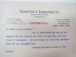 Schutte & Koerting Co. Manufacturing Engineers, Philadelphia, PA, 29.8.1914 -liikekirje -business letter
