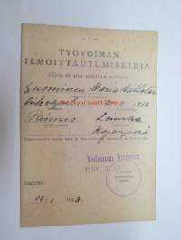Työvoiman ilmoittautumiskirja, Maria Aallotar Suominen, liikeapulainen, Loimaa - Kojonperä, 13.1.1943
