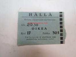 Hällä (Tampere) 13.9.1944 -elokuvateatterin pääsylippu