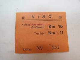 Kino (Toijala) 11.4.1944 -elokuvateatterin pääsylippu