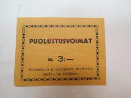 Puolustusvoimat 3 mk 9.10.1942 -elokuvateatterin pääsylippu