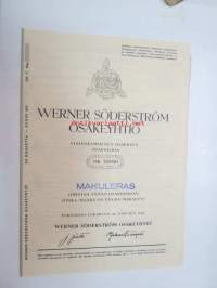 Werner Söderström Oy, 50 osaketta 50 000 mk, Porvoo 1947 -osakekirja, Makuleras -leimattu